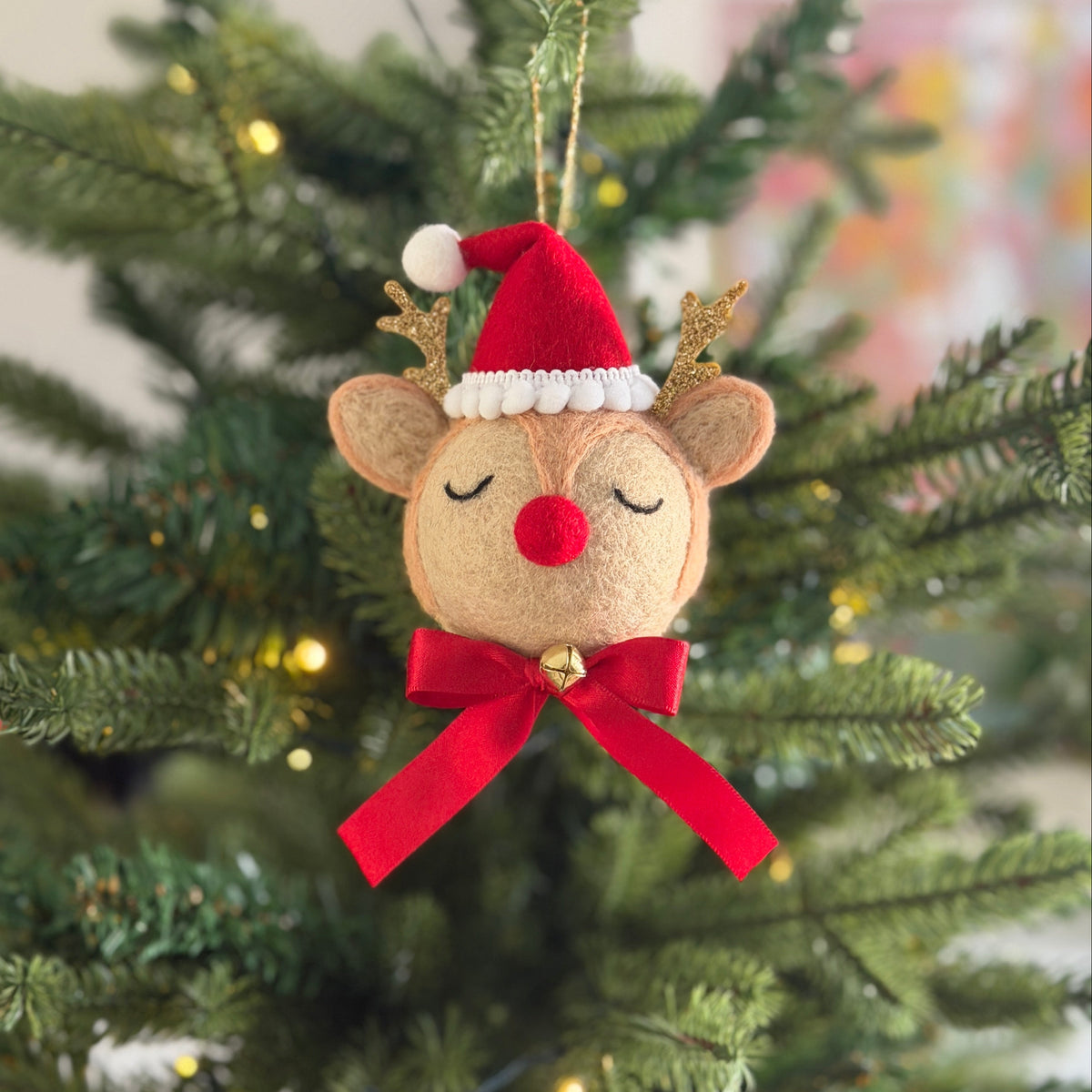 Christmas Ornament - Reindeer with Santa Hat | Personalisation | 2 Options