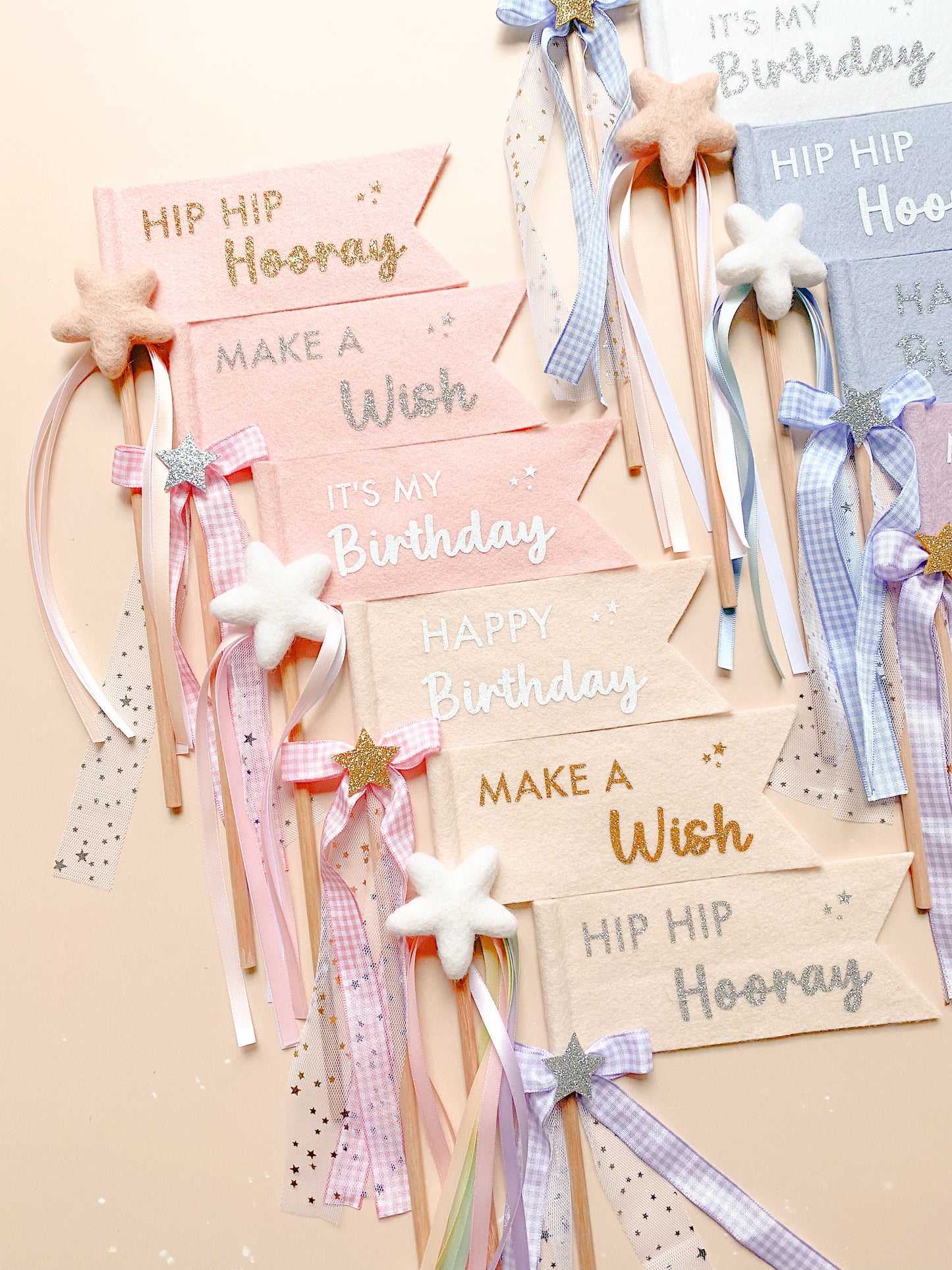 Decorative birthday wands with ribbons and stars
