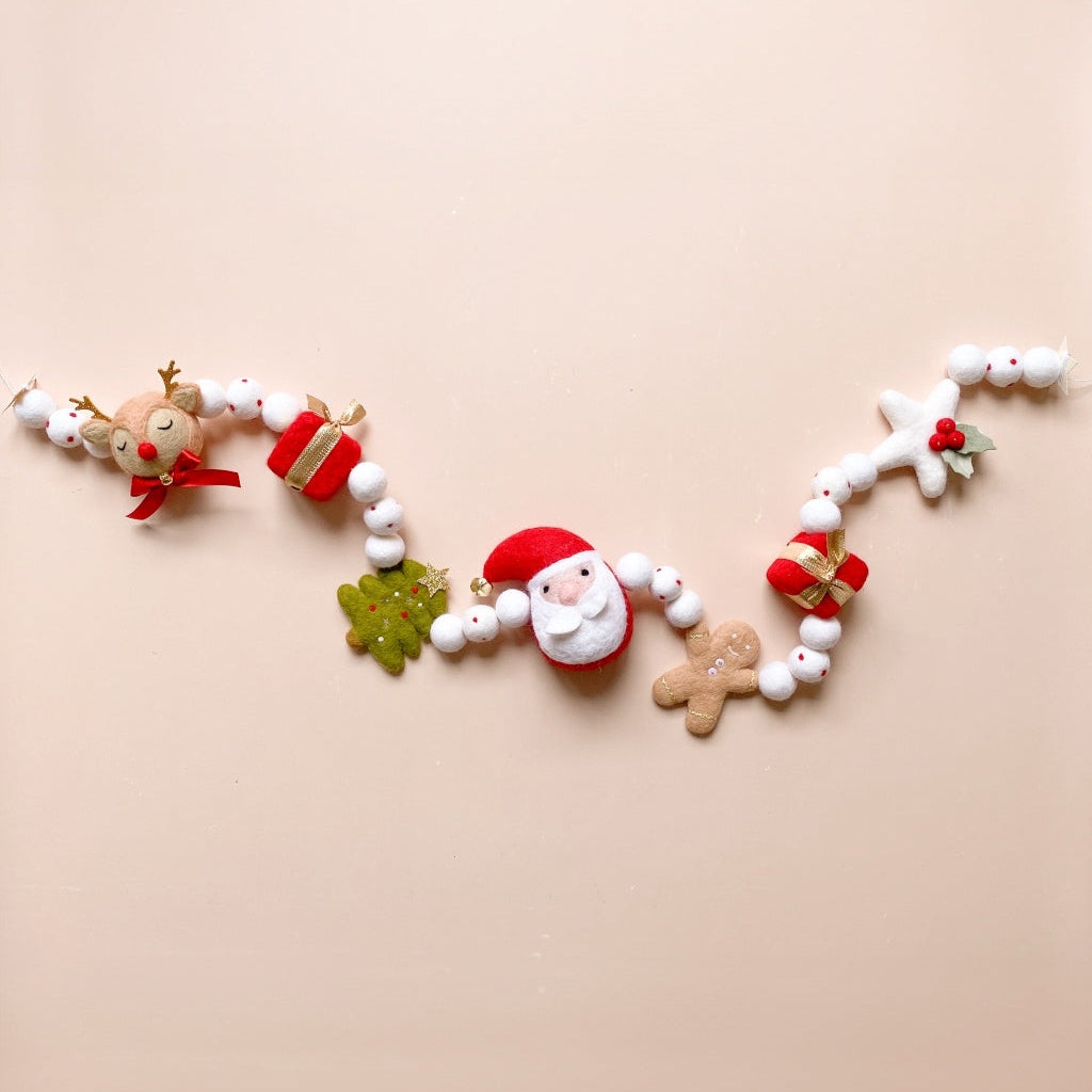 Decorative Christmas felt garland with Santa Claus, reindeer, gingerbread man, Christmas tree, star and gift boxes