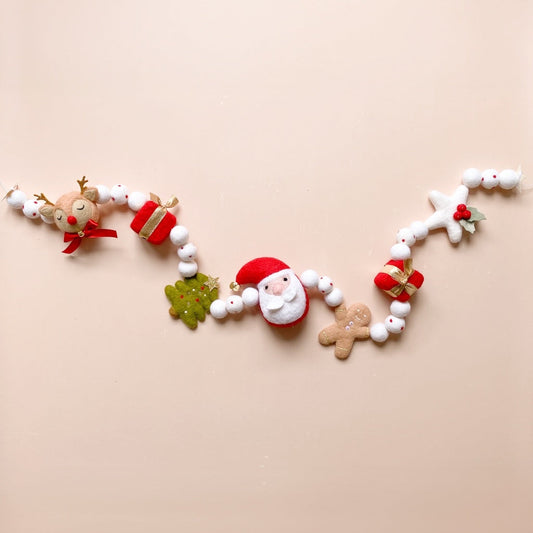 Decorative Christmas felt garland with Santa Claus, reindeer, gingerbread man, Christmas tree, star and gift boxes