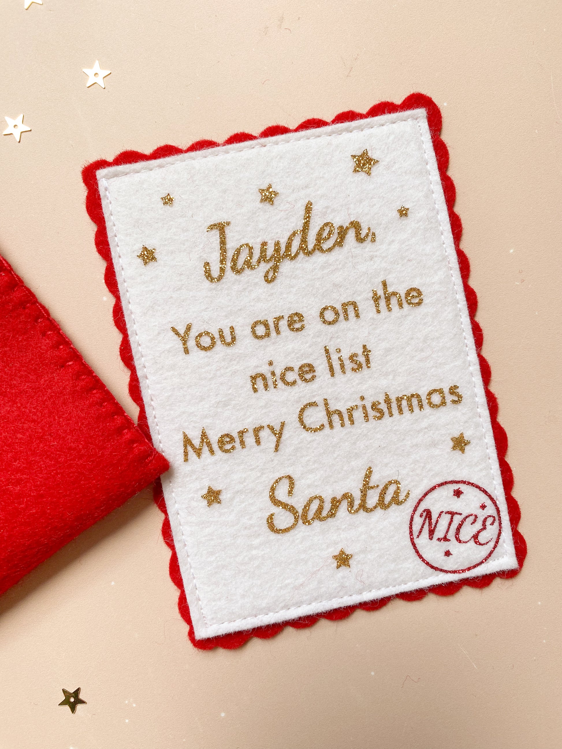 red felt envelope and nice list card from santa