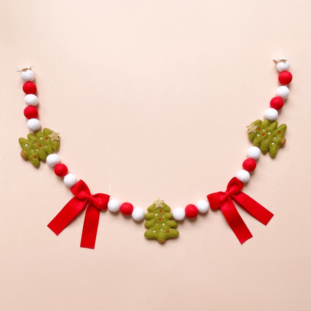christmas tree and red bow felt ball garland