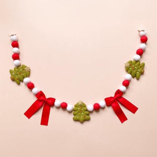 christmas tree and red bow felt ball garland