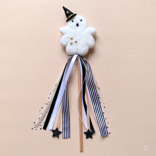 halloween ghost with black witch hat wand