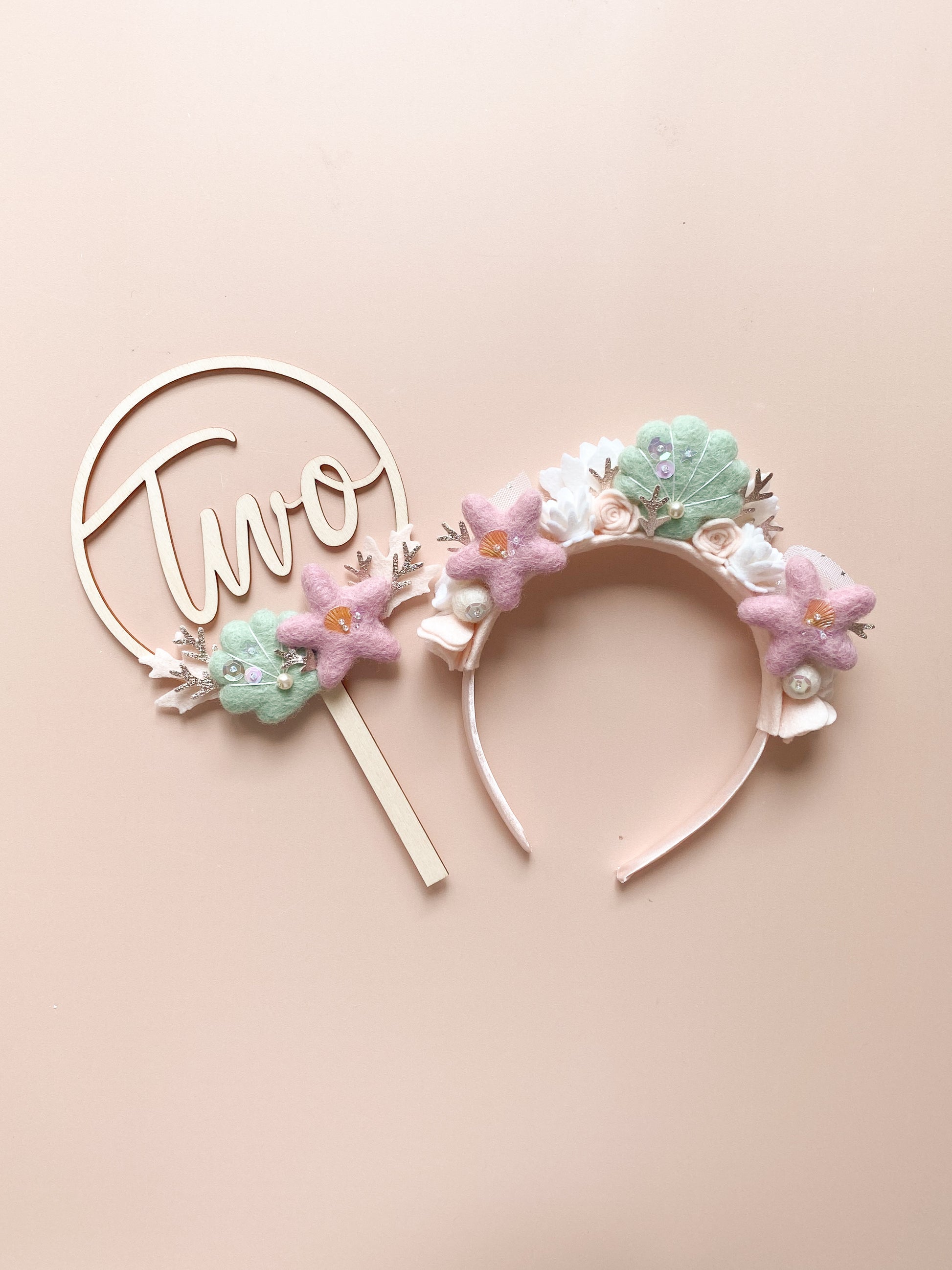 mermaid headband and matching cake topper for birthday party