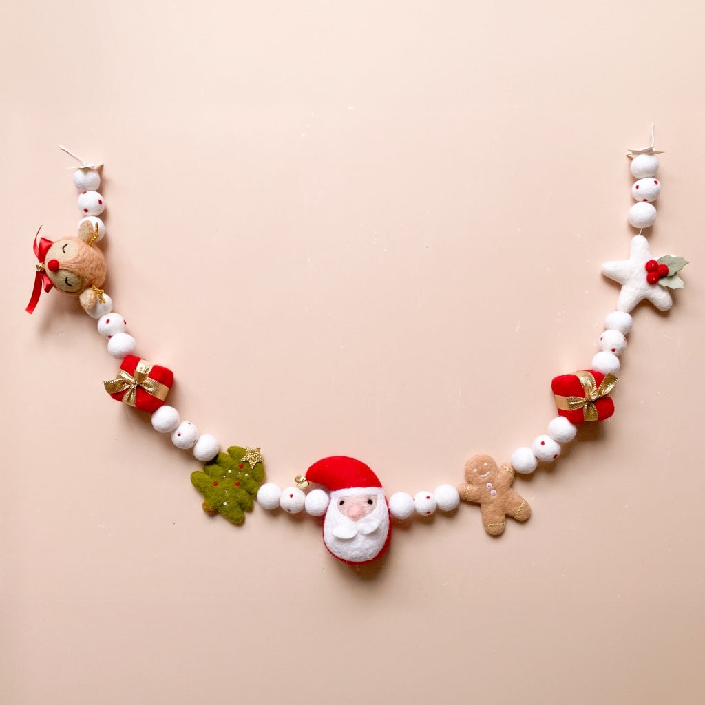 Decorative Christmas felt garland with Santa Claus, reindeer, gingerbread man, Christmas tree, star and gift boxes